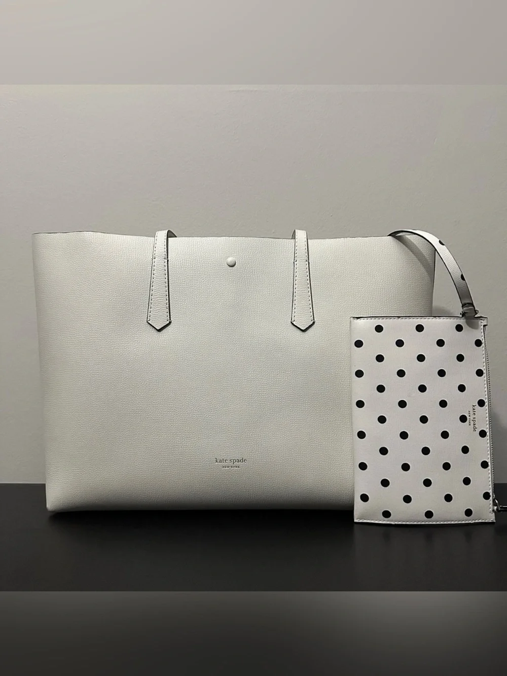 Kate Spade Molly Cabana Dot Pop Large Leather Tote White w/ Pouch
